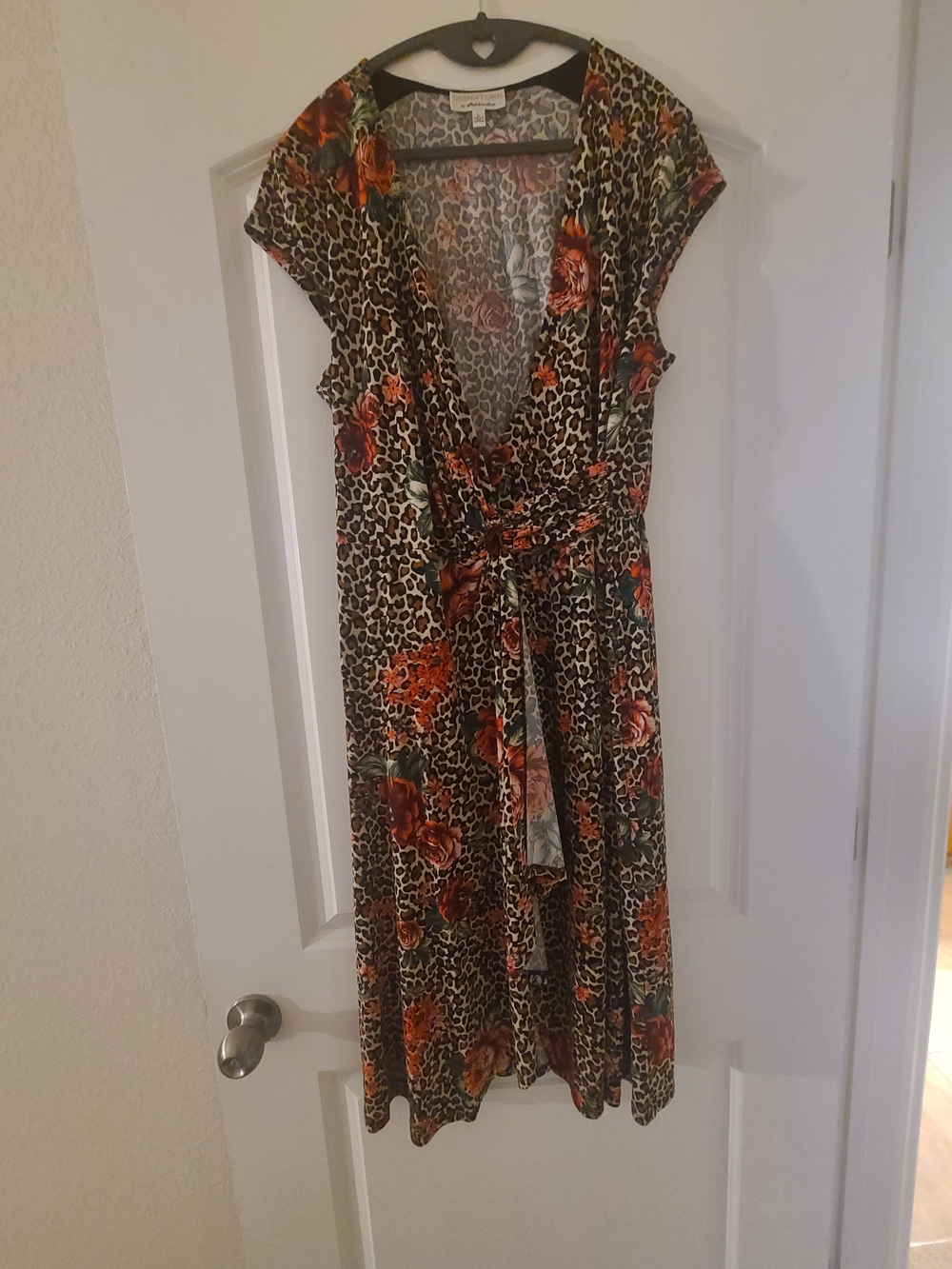 Signature by Robbie Bee Floral Leopard Wrap Midi Dress in Brown and Pink